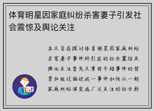 体育明星因家庭纠纷杀害妻子引发社会震惊及舆论关注